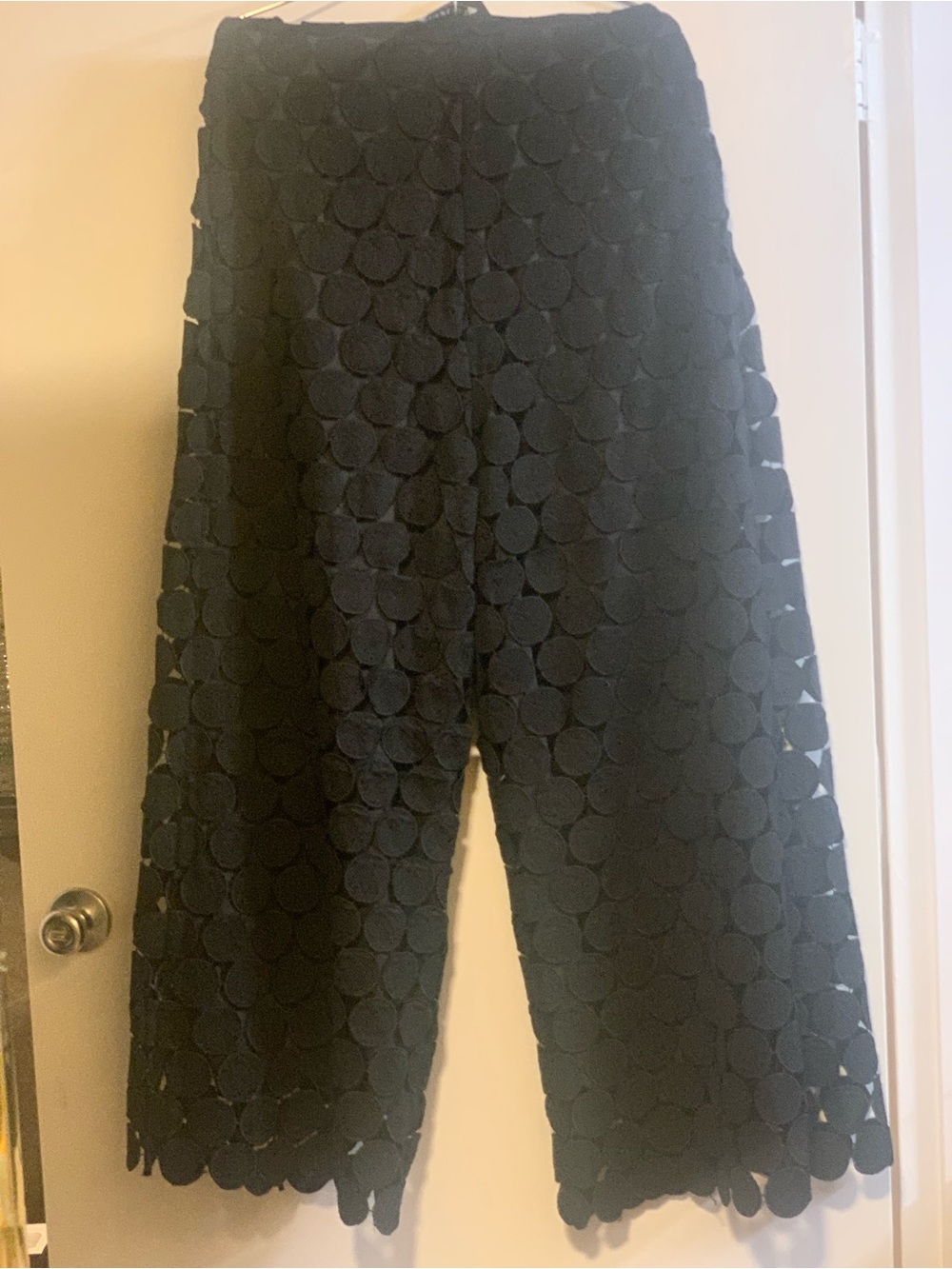 Textured Black Wide-Leg Scallop Detail Pants